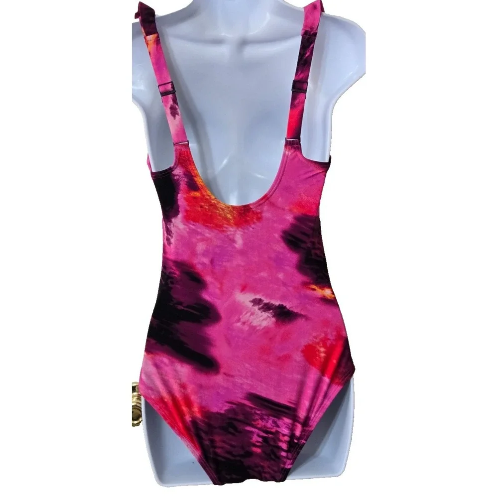 DKNY Ruffle Plunge Tummy Control 1 Piece Swimsuit Womens XL Fushia/BlacK NWT - Picture 7 of 13